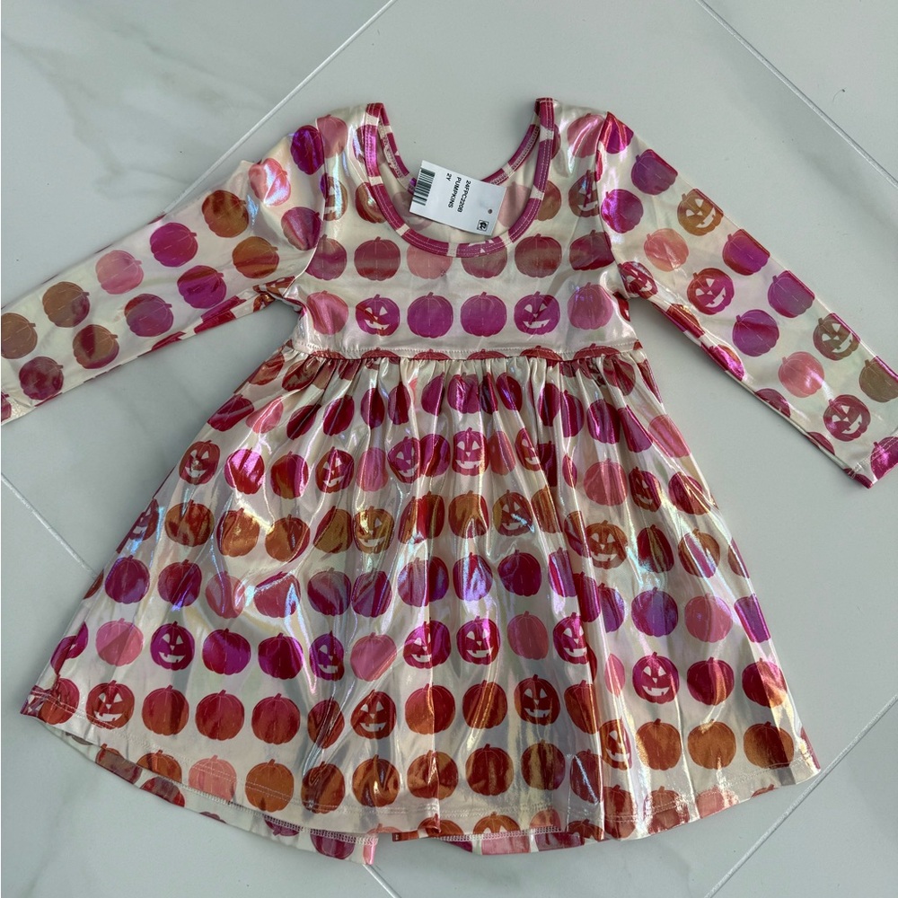 New Pink Chicken 3Y Girls Lame Steph Dress in Pumpkins Flawed